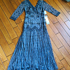 Pisarro Nights Women's Slate Mesh Beaded Sequin V-Neck Long Gown 2 D-564 picture