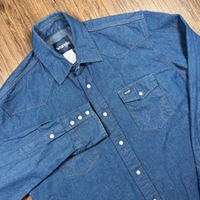 Vtg Wrangler Denim Pearl Snap Shirt L Blue Dark Wash Raw Hem Distressing  90s picture