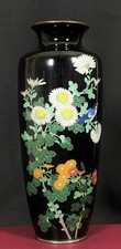 Japanese Meiji Taisho Cloisonné Vase Chrysanthemums Fine Wire Black Ground picture
