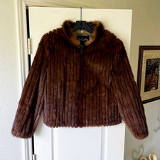 Gus Kaplan Vintage Short Fur Zip Jacket‎ Mahogany Brown 14 EUC picture