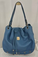 MCM Blue Pebbled Bucket Drawstring Shoulder Top Handled Hobo Bag Authentic picture