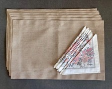 VTG Jim Thompson Pink Flower Floral Napkins + Solid Color Brown Placemats SET 6 picture