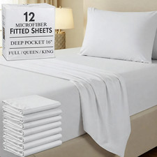 Hotel Quality Bed Sheets Bulk Pack 12 White Flat Sheets Deep Pocket Fitted Sheet picture