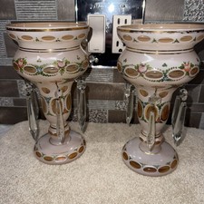 Pair Of Antique Victorian Art Glass Mantle Lusters W/ Prisms Pink Color. picture