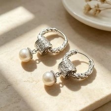 925 Silver Vintage Pearl Hoop Earrings Boho Textured Huggie Dangle Earrings A37 picture