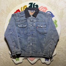 Levis x Stussy Trucker Jacket Medium Blue Denim 8 Ball Blanket Lined Size M picture