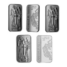 5 x 1 oz .999 Silver Bars - Scottsdale Mint Archangel Silver Bullion Bars #A626 picture