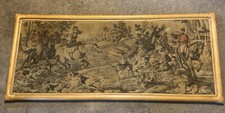Vintage Bamboo FRAMED FRENCH HORSEBACK BOAR HUNTING TAPESTRY 49 X 20.5” Wall Art picture