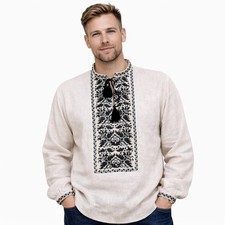 Ukrainian VYSHYVANKA for men beige linen shirt hand black Borshchiv Embroidered picture
