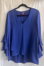 Vince Camuto Women's Medium Blue Ruffle Bell Sleeve V-Neck Blouse Top M picture