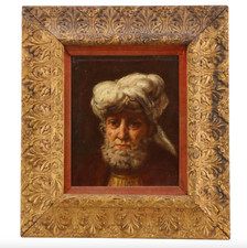 Antique Oil Painting After Rembrandt Man in Turban Portrait Ornate Gilt Frame 21 picture