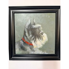 Original Oil Painting Miniature Schnauzer Dog Portrait Signed Linda Smith Framed picture