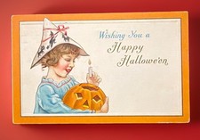 1915 Vintage Stecher Halloween Post Card Jack O Lantern Girl Witch Black Cat Dog picture
