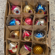 12pc Vintage Glass Teardrop Christmas Ornaments, Multicolor Hanging Decor. picture