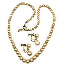 Vintage MARVELLA Necklace Earring Set Signed Faux Graduated Pearl Screwback picture