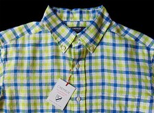 Men's DANIEL CREMIEUX White Green Blue Plaid Linen Shirt M Medium NWT NEW picture