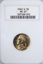 GEM++ BU 1940-D Jefferson Nickel NGC MS67 Old Fat Holder Golden Toned URLE picture