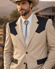Fashin Men's Cream Western Suit Cowboy Tuxedo Blazer Black Yoke Ranch Wedding picture