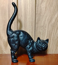 Vintage Black Cast Iron Cat Figurine Arched Back, Tail Up Door Stop picture