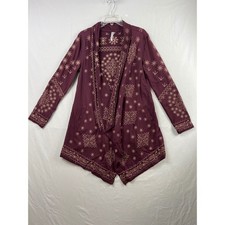 Monoreno Cardigan Womens Small Burgundy Embroidered Open Front Sharkbite Cotton picture