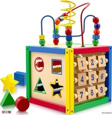 Wooden Activity Cube With Bead Maze 5 n 1 Baby Activity Cube Removable Bead Maze picture