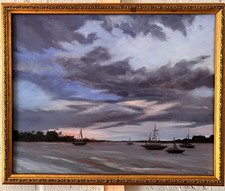 Sophie Dare Original Art 12x15 Oil painting Sailboats at Dusk with Gold Frame picture