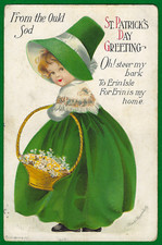 Vtg Clapsaddle St Patricks Day Irish Bonnet Girl Handle Basket A/S Emb PC c1915 picture
