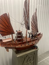 Vintage Handcrafted Wooden Chinese Junk Boat Model Ship Battened Sails Decor picture