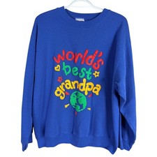 Vintage 90s Tultex Worlds Best Grandpa Puff Paint Sweatshirt Mens L Blue USA picture