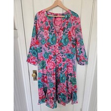 Talbots Women's Sketched Blooms Midi Shirtdress Size L Pink Preppy Garden Party picture