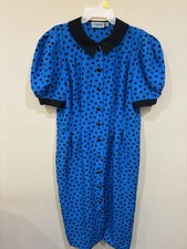 Vintage 100% Silk Blue Black Polka Dot Button Down Dress With Puff Sleeve picture