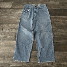 VTG Y2K JNCO WIDE LEG BLUE DISTRESSED DENIM JEANS BAGGY PANTS HEEL BITE SZ 30x27 picture