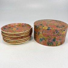 Vtg Japanese Papier Mache 8 Coaster Set with Box Floral Lacquerware Japan Drink picture