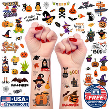 12 Sheets Halloween Temporary Tattoos Cartoon Witch Pumpkin Bat Ghost Spider Web picture