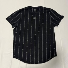 Hollister Men's L Black White Striped Curved Hem T-Shirt 100% Cotton Logo picture