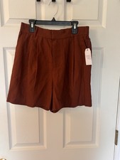 Time and Tru Women's Brown Linen Pleated High Rise Shorts w/ Pockets Size XS picture