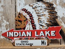 VINTAGE INDIAN LAKE PORCELAIN SIGN OLD OHIO STATE PARK RANGER CABIN LODGE DIECUT picture