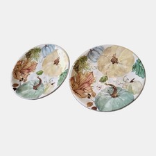 Robert Stanley Autumn Pumpkin Plates Set of 2 Fall Leaves Blue Green 8.5” picture