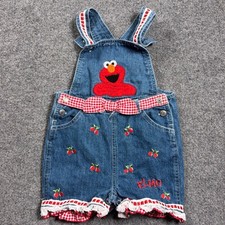Vintage Sesame Street Elmo Denim Shortalls Toddler 24M Blue Cherry Gingham Trim picture