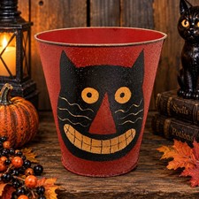 Primitive Metal Halloween Black Cat Hand Painted Container Bucket 7.25” Folk Vtg picture