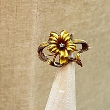 Antique Art Nouveau 14K Gold Diamond Floral Whiplash Brooch picture