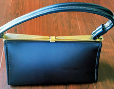 Aetna Vintage 1960's Black Leather Top Handle Bag Clasp Closure Gold Hardware picture