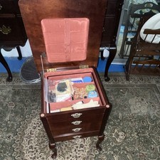 Wood Sewing Box Cabinet Brown w/ Hinged Lid, Drawers & Thread Spool Storage picture