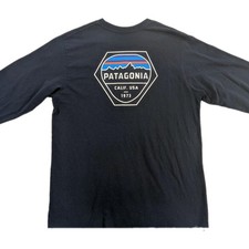 Patagonia Mens Medium Long Sleeve Fitz Roy Hex Tee Shirt Navy Blue Graphic picture