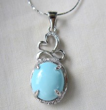 GENUINE 13x10mmSLEEPING BEAUTY TURQUOISE/LC DIAMOND 925 STERLING SILVER NECKLACE picture