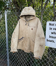 Vintage 90s Carhartt J141 Distressed Thrashed Repaired Hooded Canvas Jacket picture
