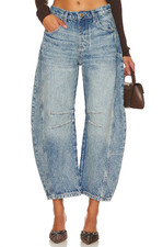 FREE PEOPLE x We The Free Good Luck Mid Rise Barrel Jeans, Ultra Light Beam NEW picture
