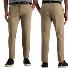 Haggar Sport Travel Performance Pants Mens Khaki Straight Fit Flex Waist Flat picture