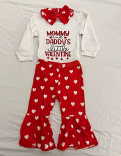 Valentine 3pc Outfit Set 9-12M Long Sleeve Top Heart Pants Hair Bow Red/White picture