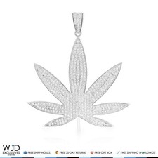 14K White Gold 3CTW CZ Marijuana Leaf Hemp Pendant 2.5